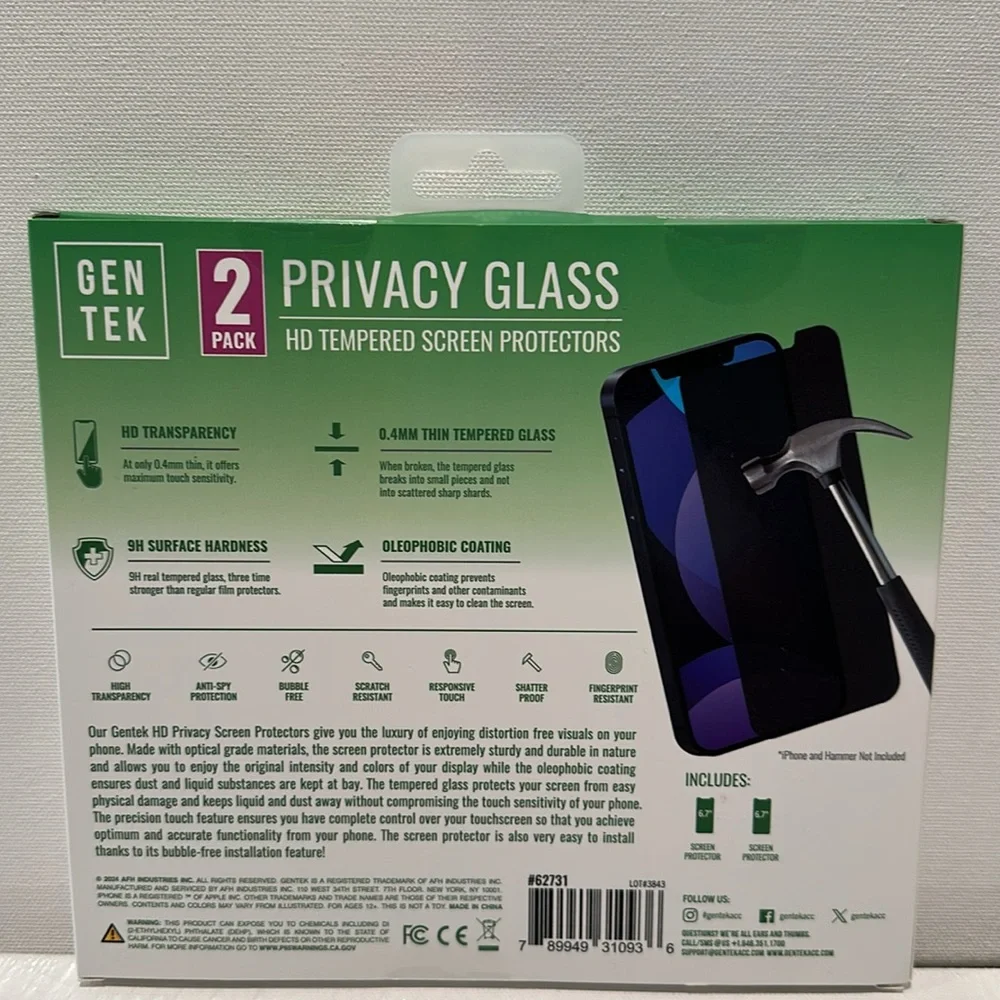 GENTEK (2) Pack Privacy Glass - HD Tempered Screen Protectors.